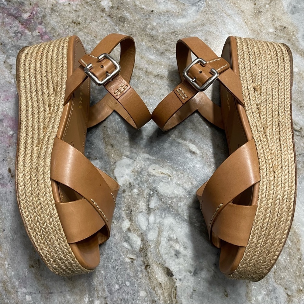 PRADA Espadrilles Sandals Size 40 Brown Tan Leather - Picture 4 of 14